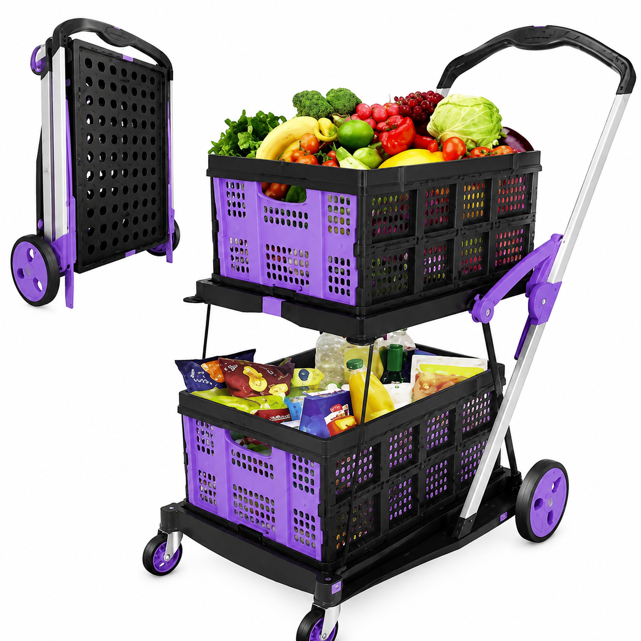 2-Tier Foldable Utility Cart with Collapsible Crates