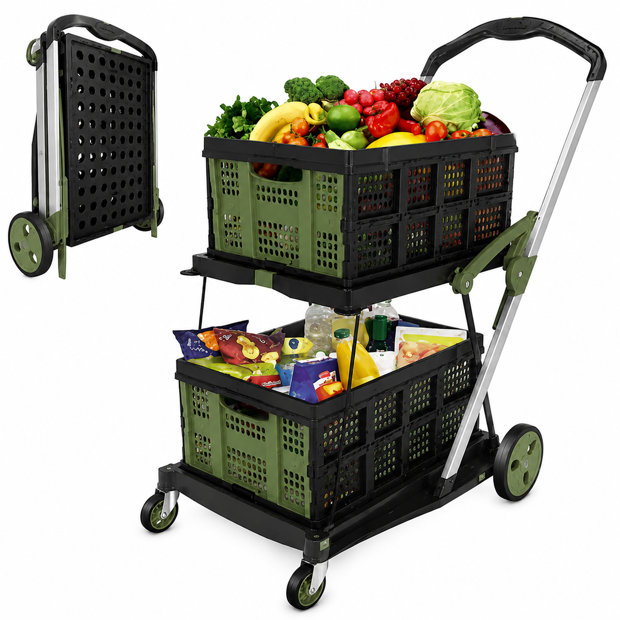 2-Tier Foldable Utility Cart with Collapsible Crates