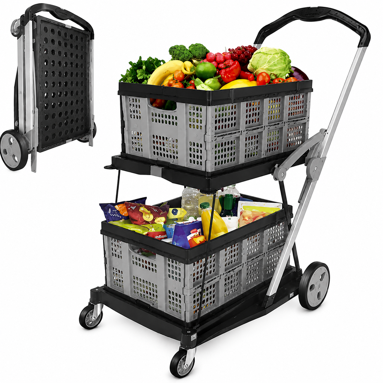 2-Tier Foldable Utility Cart with Collapsible Crates