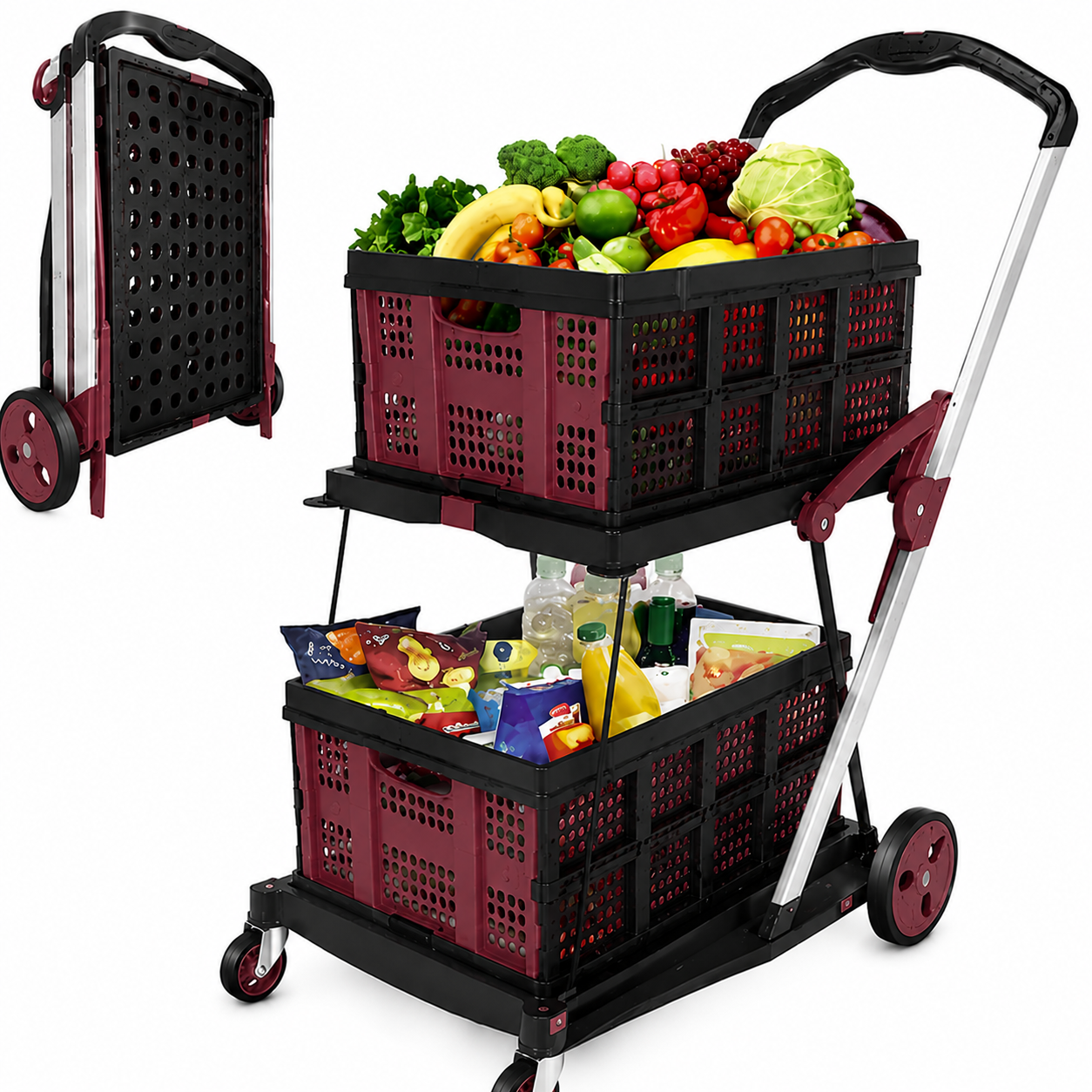 2-Tier Foldable Utility Cart with Collapsible Crates