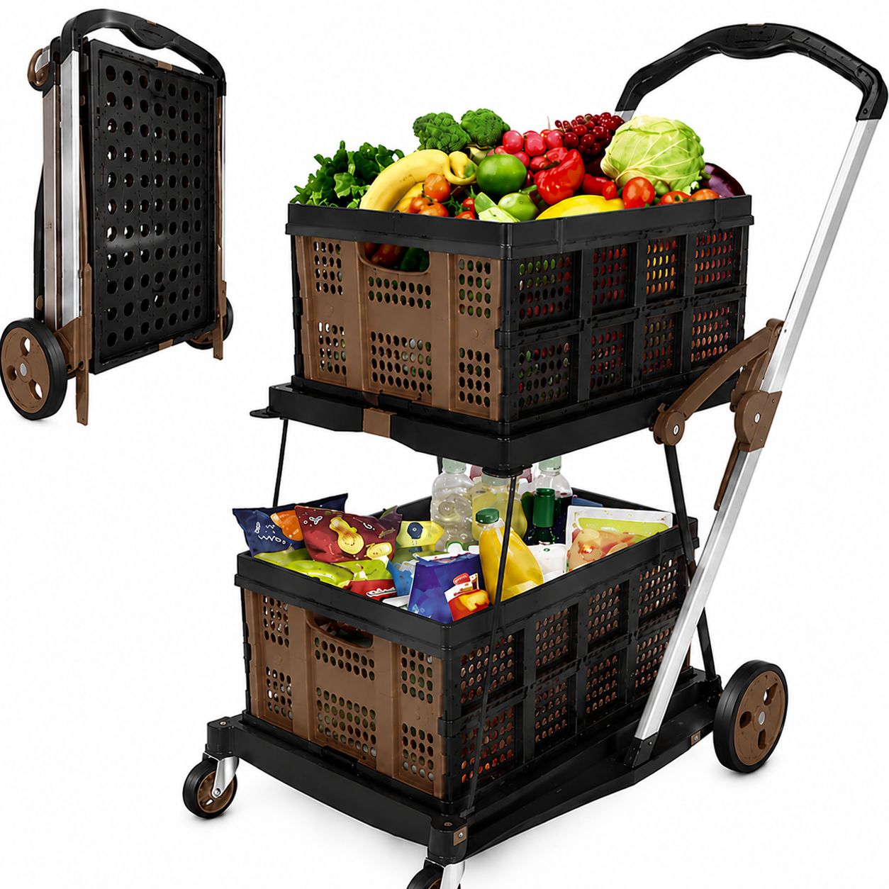 2-Tier Foldable Utility Cart with Collapsible Crates