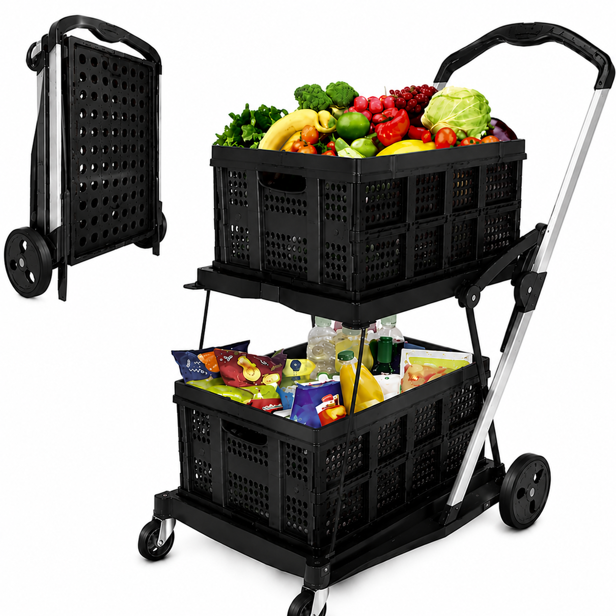 2-Tier Foldable Utility Cart with Collapsible Crates