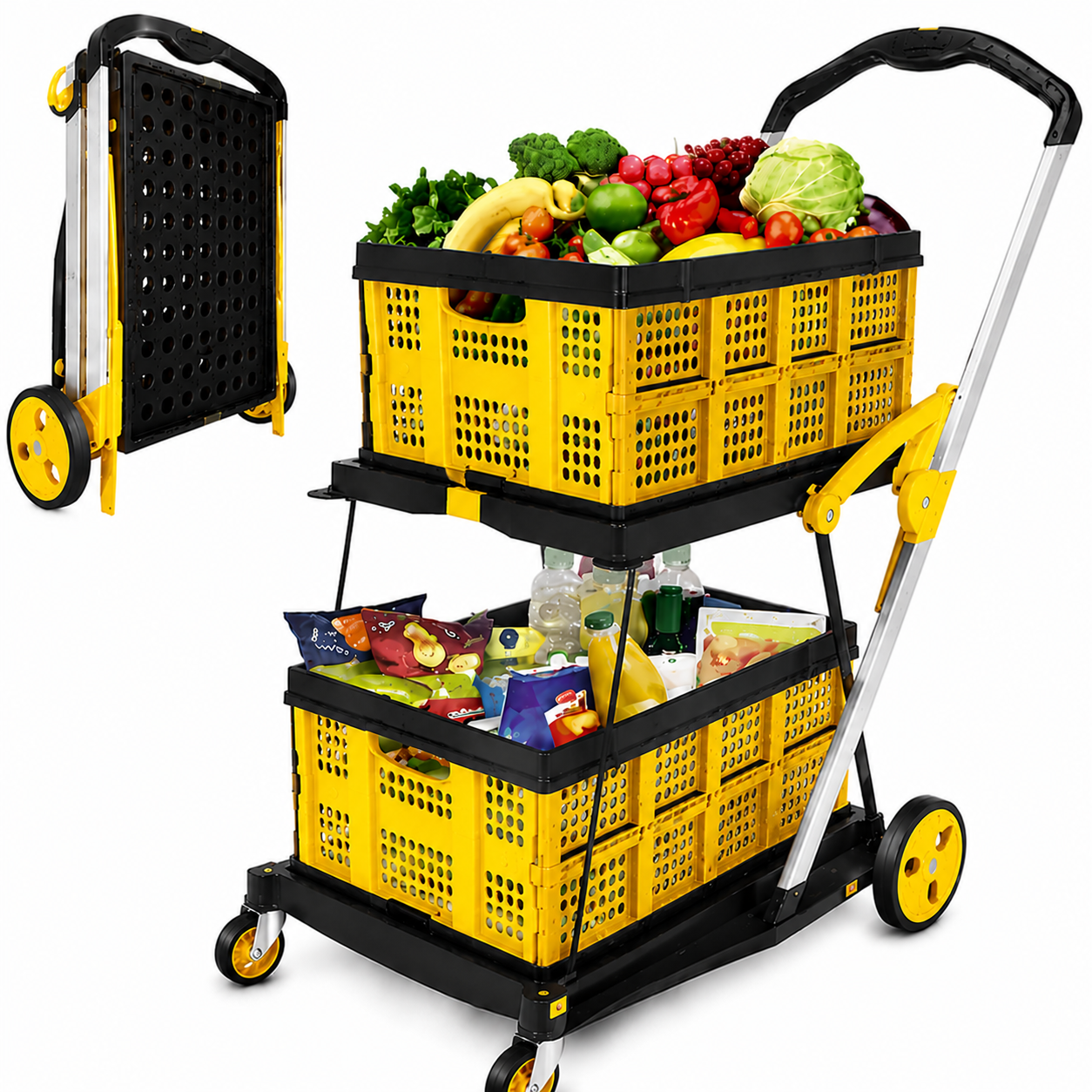 2-Tier Foldable Utility Cart with Collapsible Crates