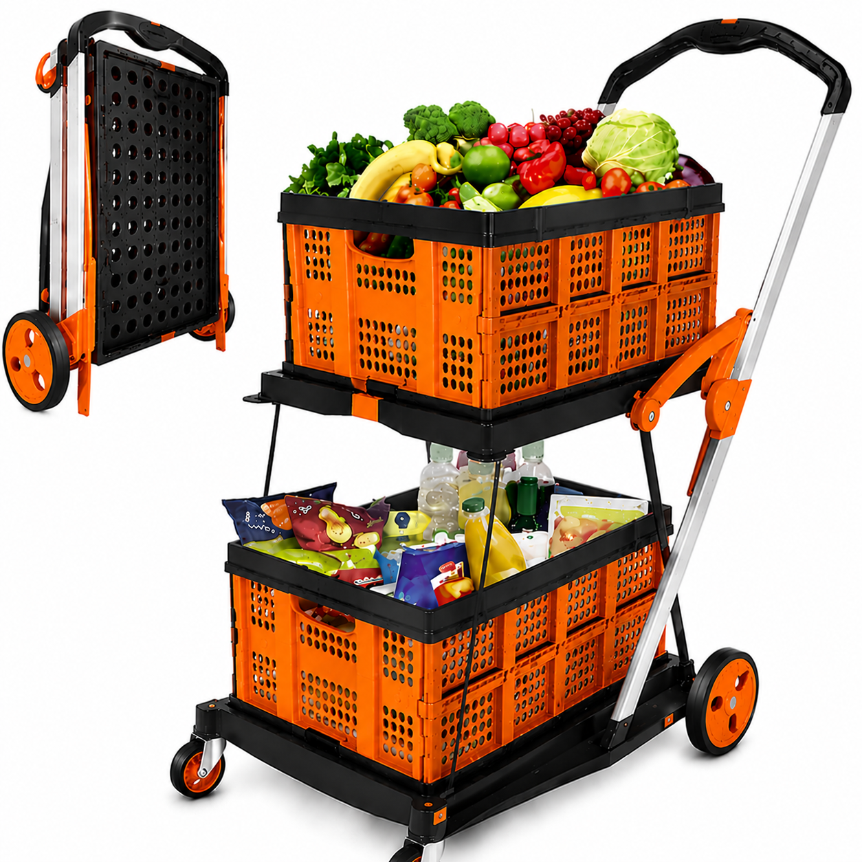 2-Tier Foldable Utility Cart with Collapsible Crates